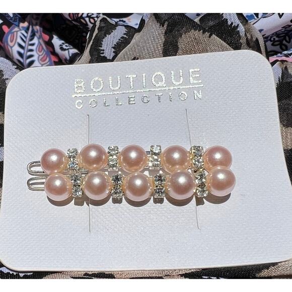 Faux Pearl Retro Deadstock New on Card Rhinestone Accent Hair barrettes NEW - Picture 2 of 12